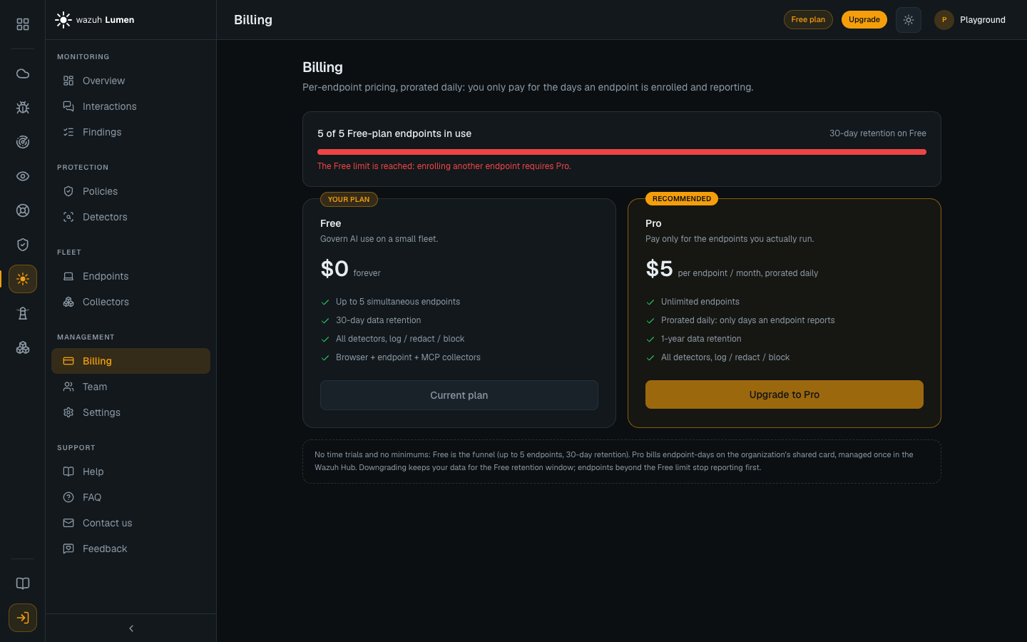 The console Billing page: the plan, endpoint usage against the Free limit, and the retention window