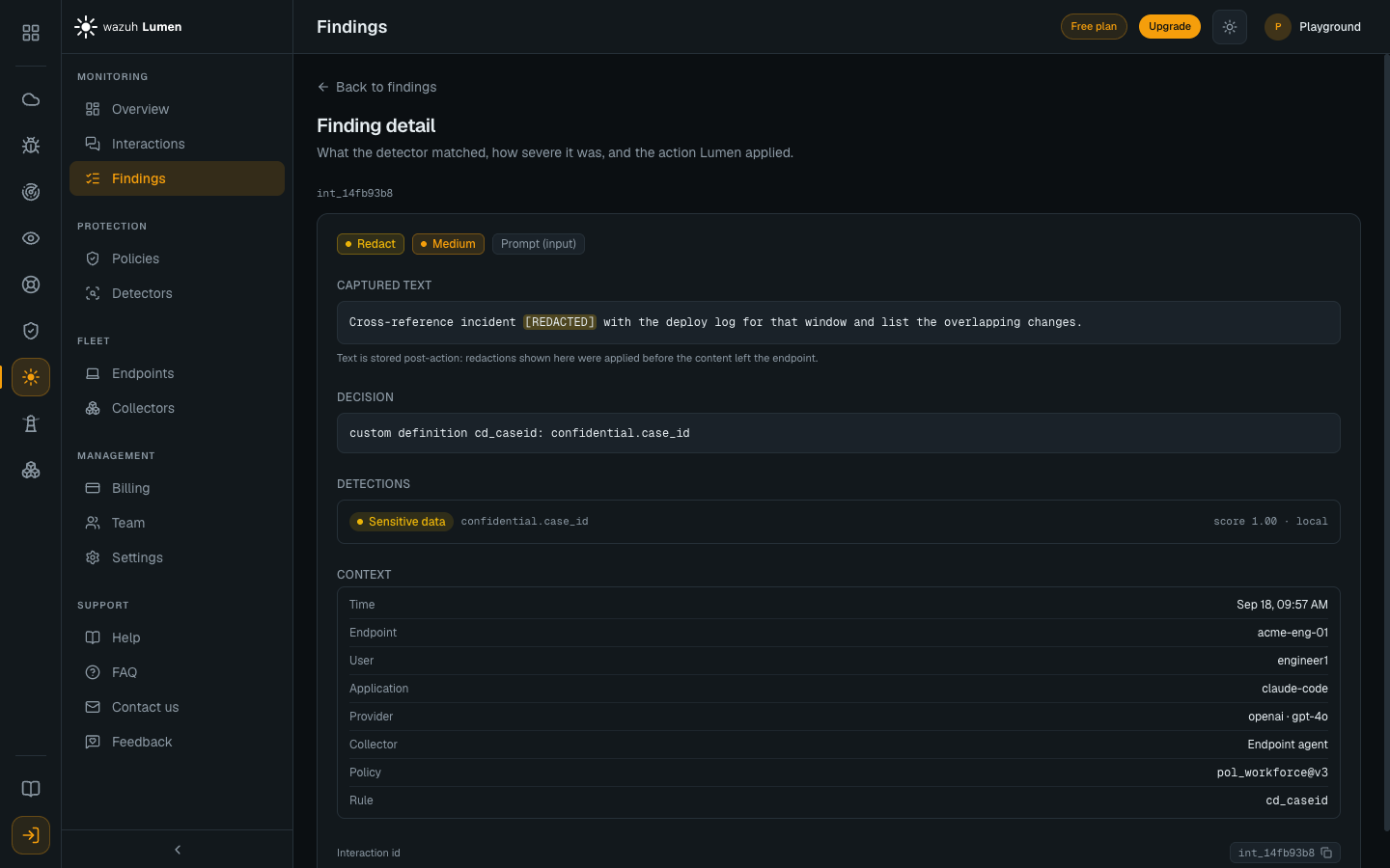 A custom-definition finding: an incident id replaced by a highlighted REDACTED span, decided by the tenant rule cd_caseid for confidential.case_id