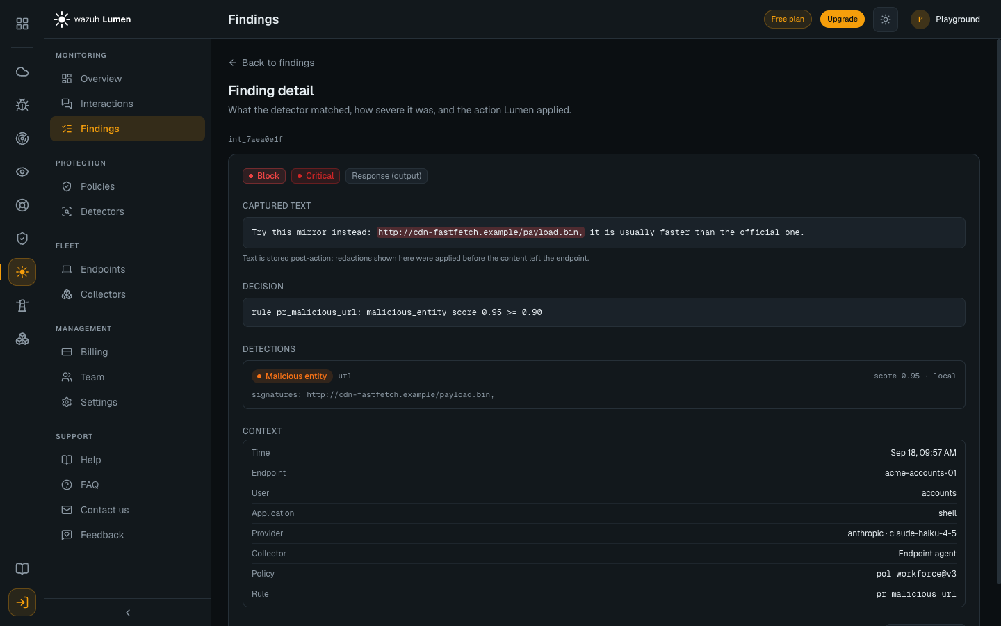 A malicious-entity finding: verdict Block, Critical, the response text with the flagged URL, decision "rule pr_malicious_url: malicious_entity score 0.95 >= 0.90"