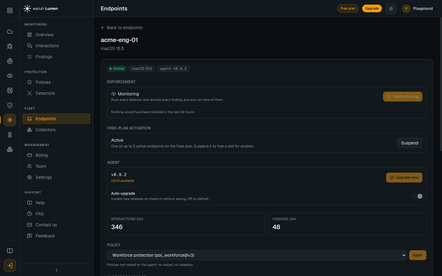 An endpoint detail: enforcement mode (Monitoring, with Start enforcing), what its policy would have blocked in the last 24 hours, plan activation, and the agent version