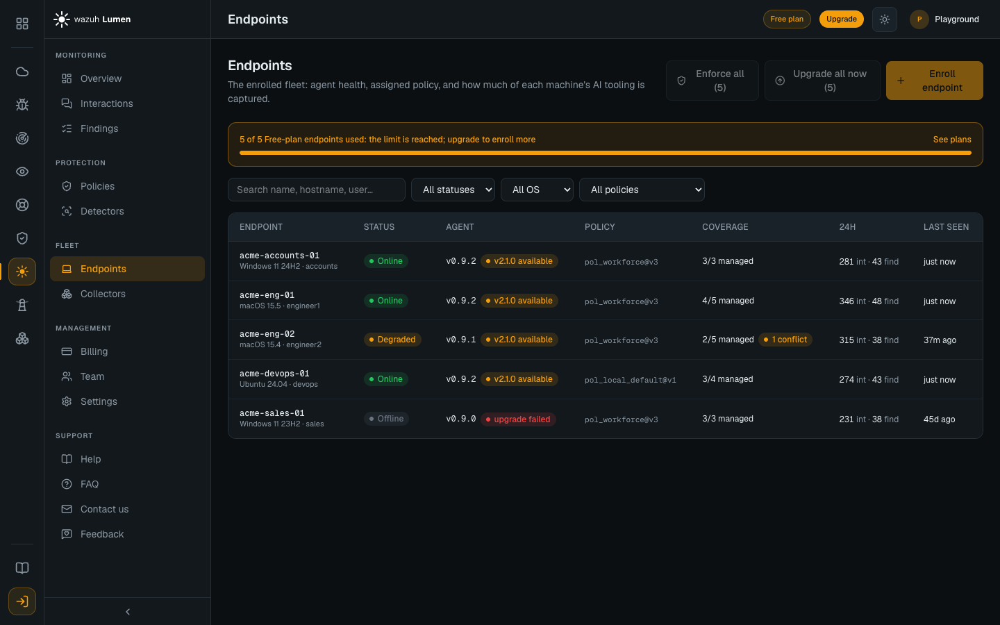 The Endpoints list: each machine with its status, agent version, assigned policy, capture coverage and last-seen time
