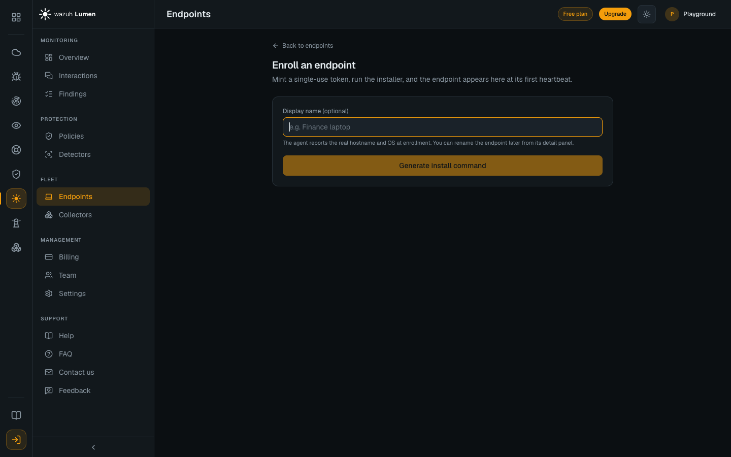 The console enroll wizard: mint a single-use token, run the printed installer, and the endpoint appears at its first heartbeat
