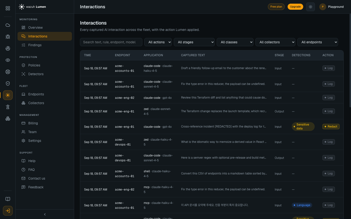 The Interactions list, with the free-text search and the action, stage, class, collector and endpoint filters