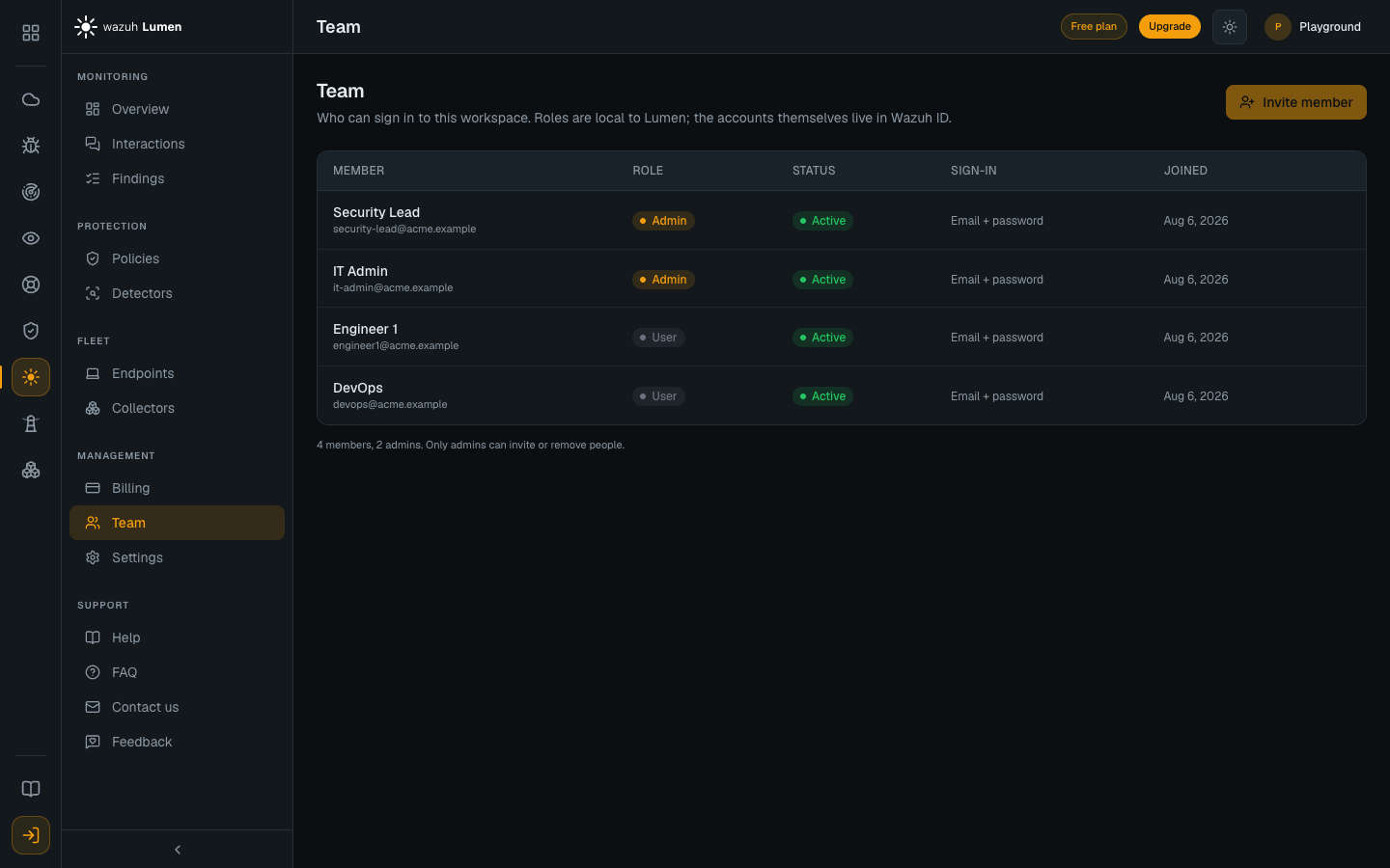 The Team page: members with their role, status, sign-in and joined date, and the Invite member action